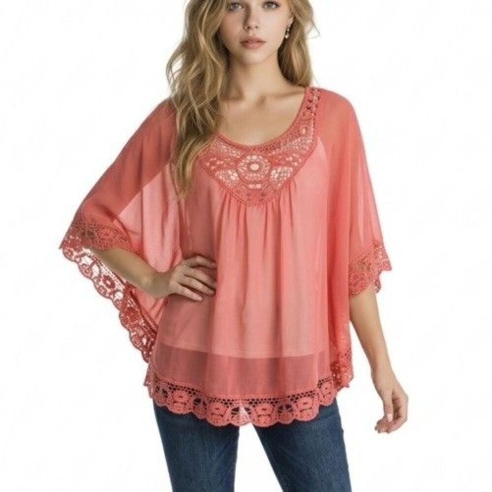 Women’s Blouse Top Sheers With Lace Tunic Size L Coral color Romeo & Juliet